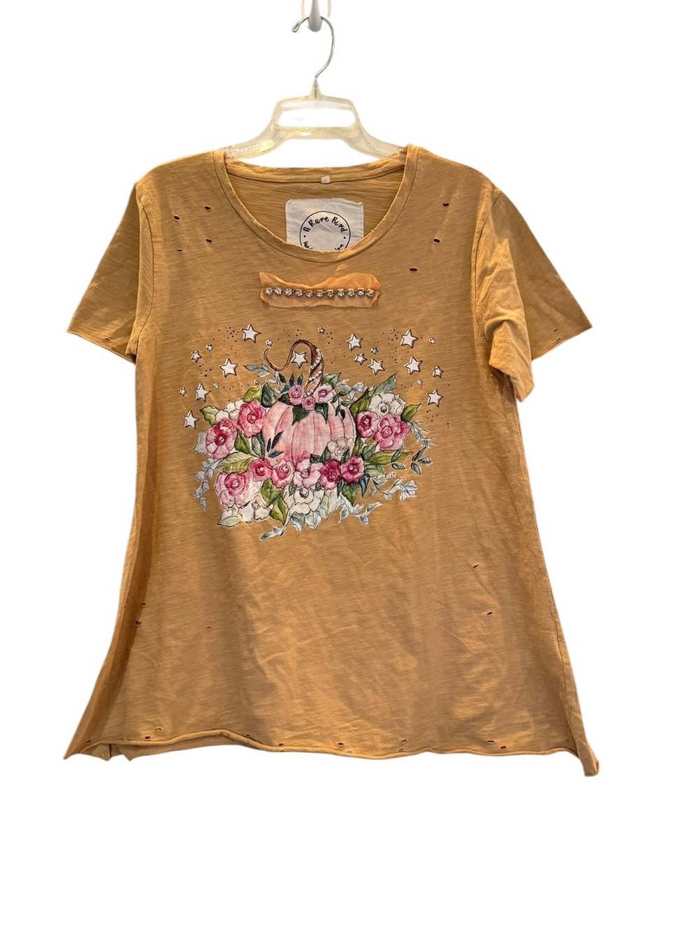 New A Rare Bird Tan Pumpkin Tattered & Embellished Shabby Chic Tee Small/Medium